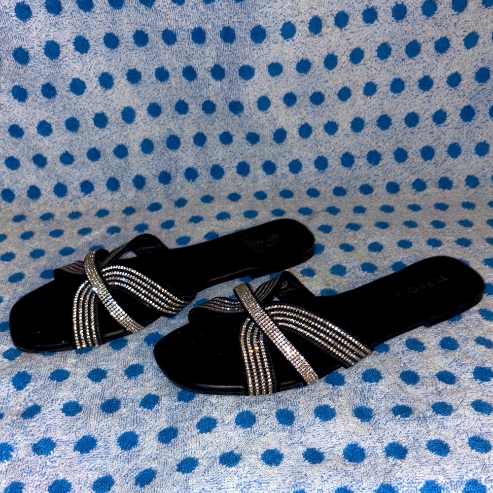 TOP Moda Black and Silver Sandals with Criss-Cross Straps